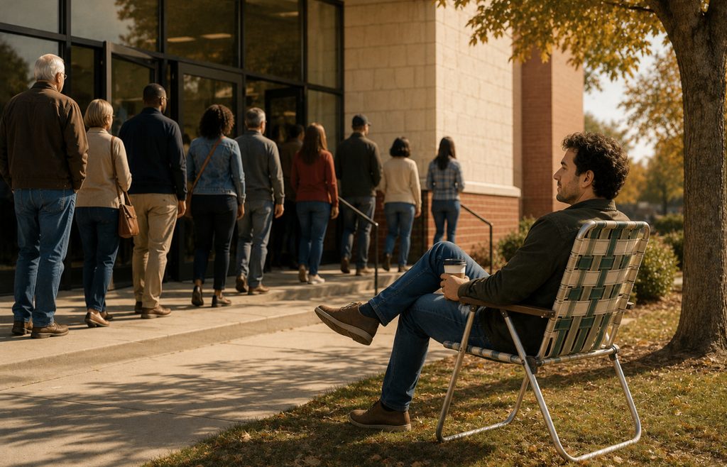 Man sitting in a lawn chair outside a polling place while other voters wait in line to vote