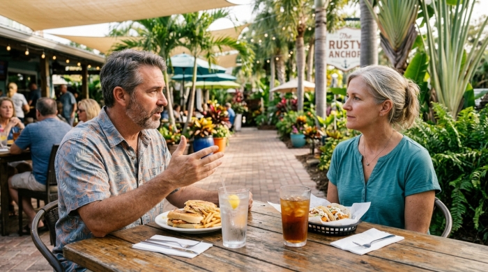 Two people having a thoughtful political discussion over lunch at a Florida restaurant