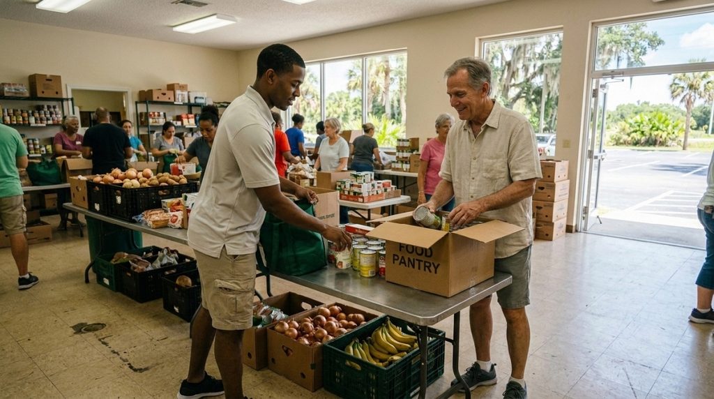 Two Florida volunteers packing food together at a community food pantry