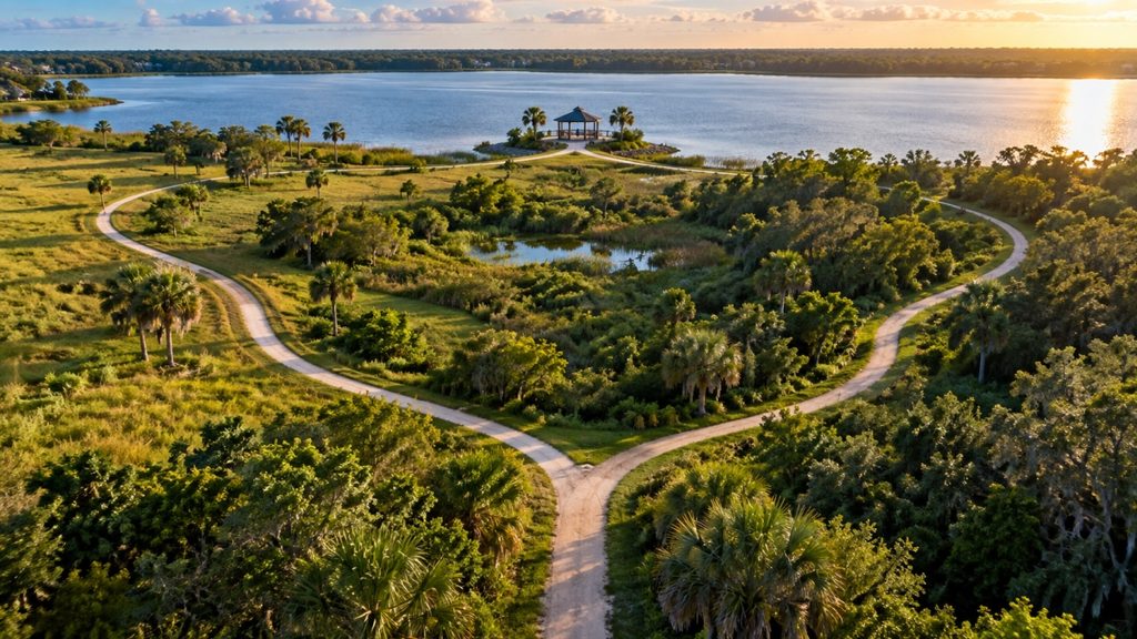 Two paths split around a Florida landscape before leading toward the same lakeside pavilion