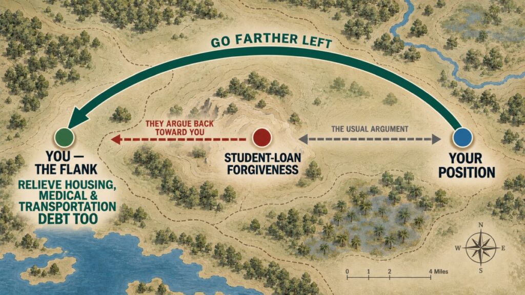 Student-loan forgiveness flanking diagram: go farther left by advocating relief for housing, medical and transportation debt too.