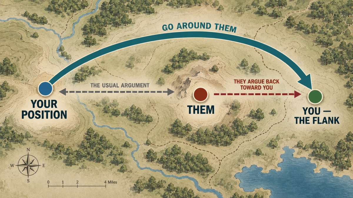 Political argument flanking diagram: move around their position, then make them argue back toward you.