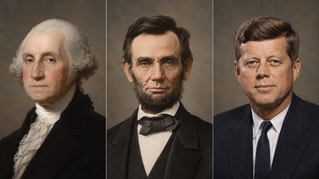 Portraits of George Washington, Abraham Lincoln and John F. Kennedy