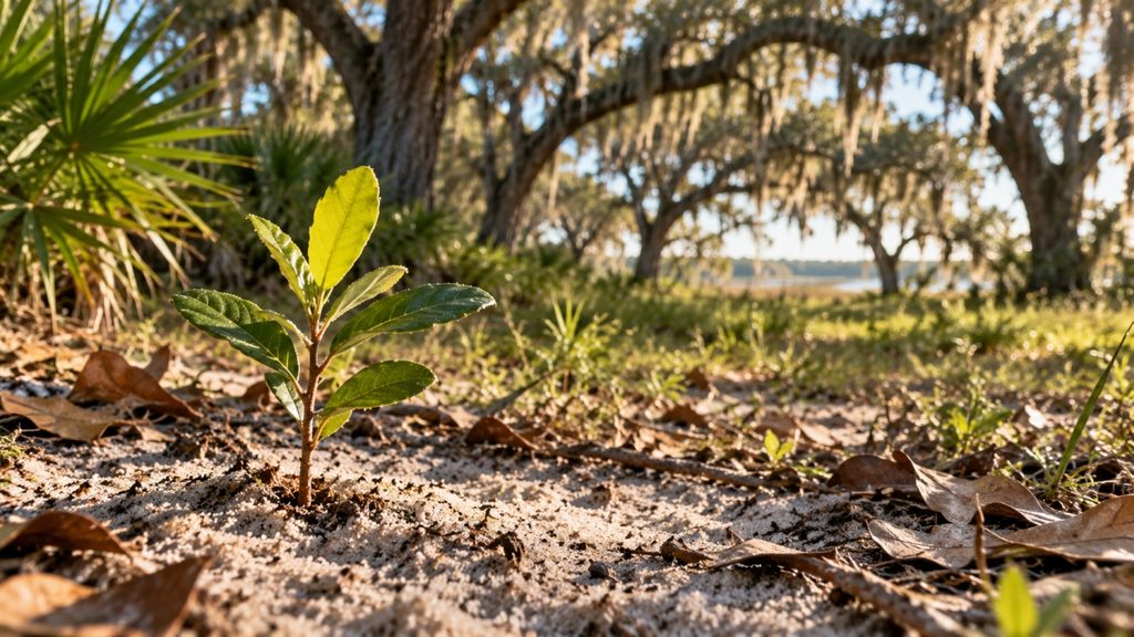 Young plant growing beneath mature live oaks in a Florida landscape