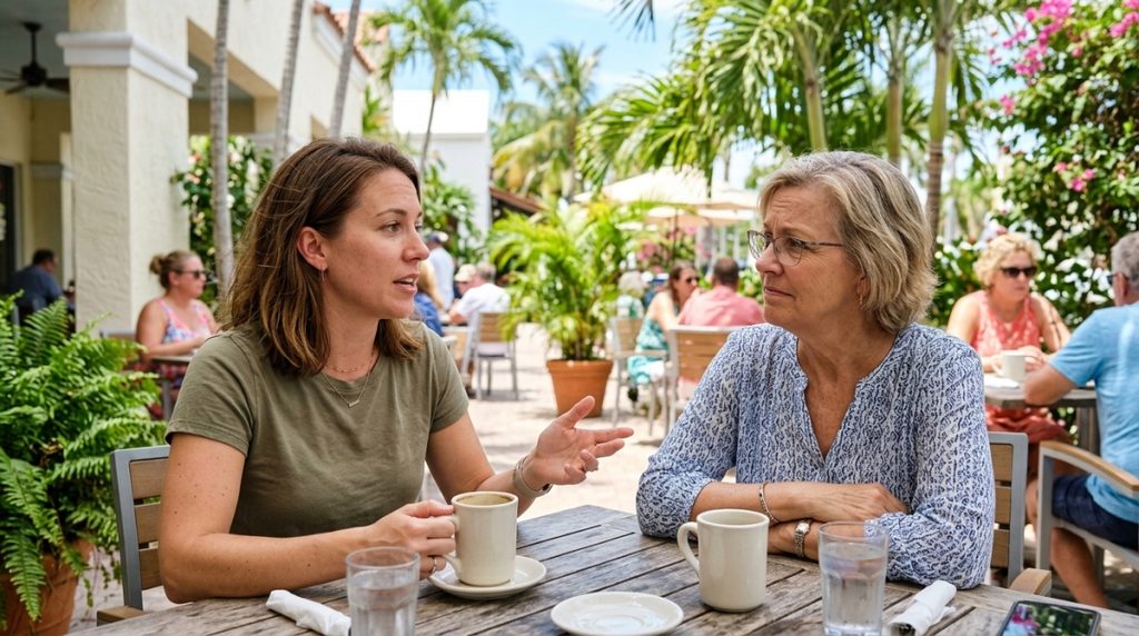 Adult daughter talking with her mother at an outdoor Florida café while her mother listens