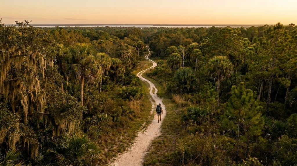 Person walking along a long winding trail through a Florida landscape