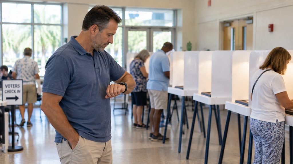 Florida voter checking his watch while other voters use available voting booths