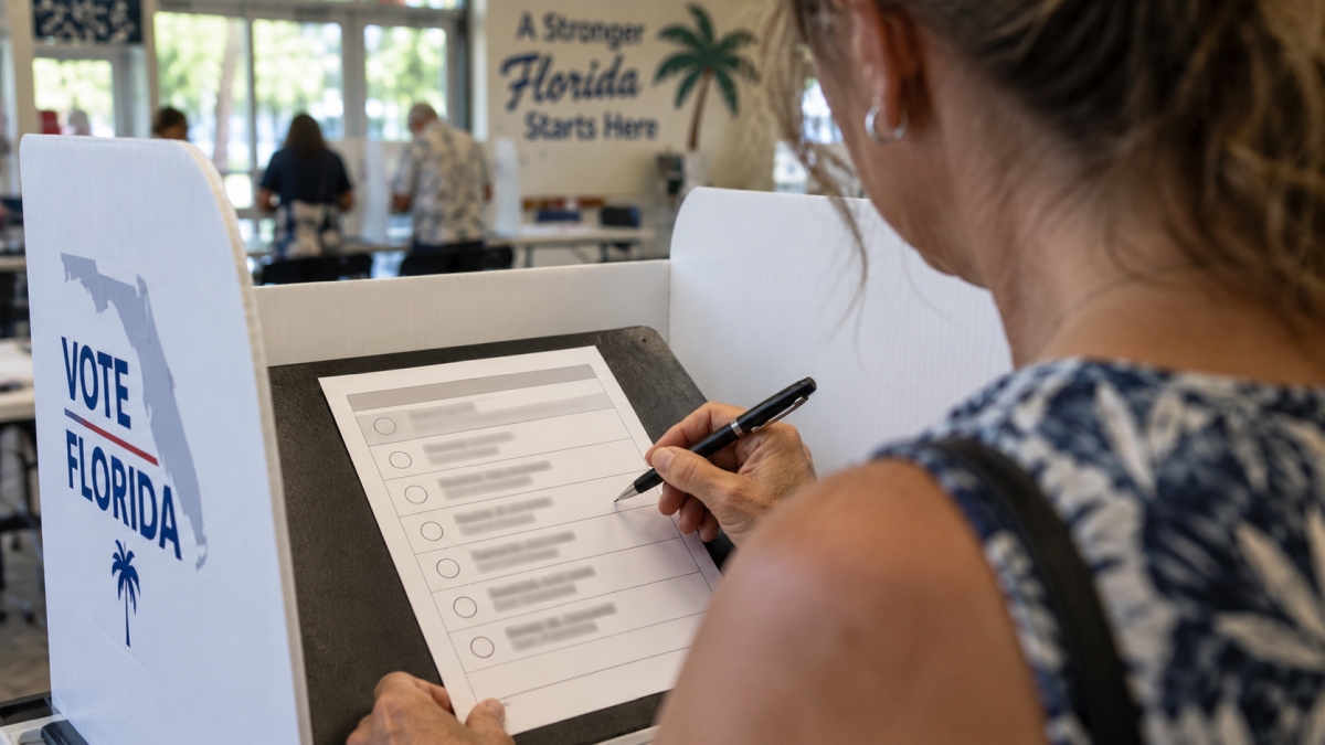 Florida voter considering multiple choices on an election ballot